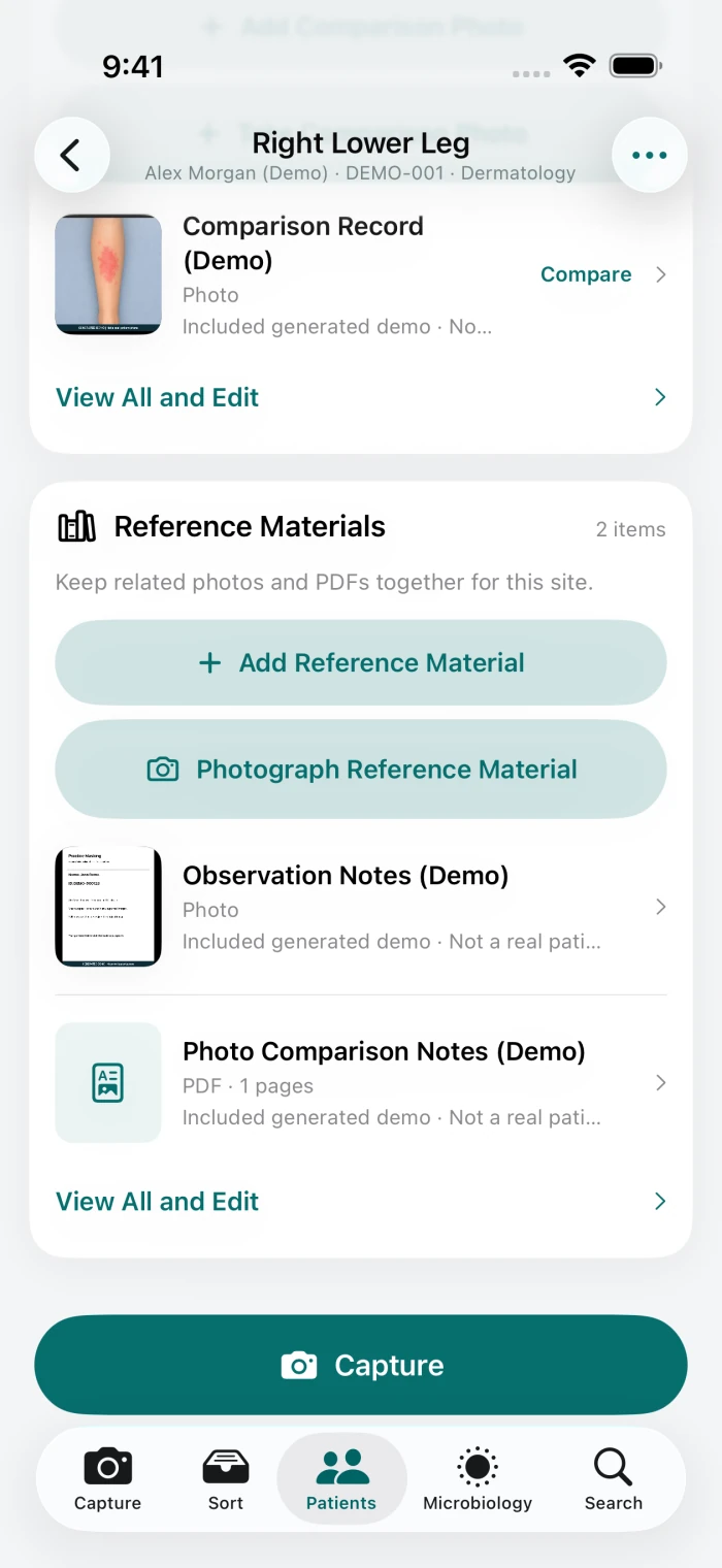 The iOS app showing generated reference materials organized by site